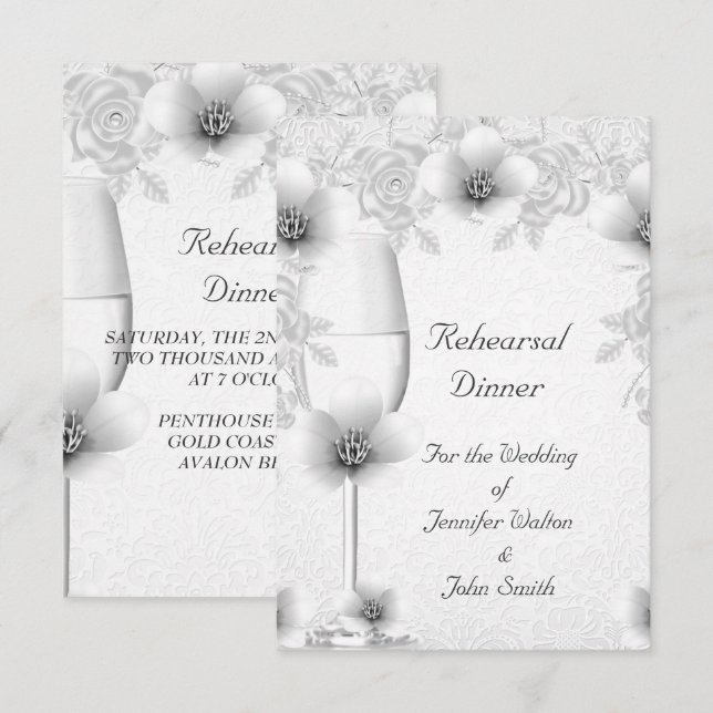 Övningsmiddag Bröllop Silver Vit Ros Blomma Inbjudningar (Fram/baksida)