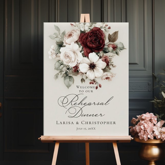 Övningsmiddag burgunder vit elegant välkomstskylt poster (Skapare uppladdad)