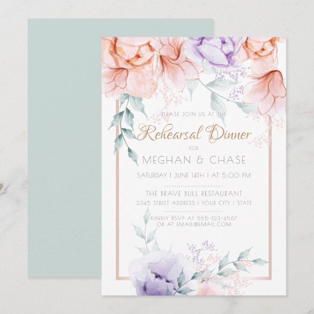 Övningsmiddag | Coral/Lilac Aquarelle Peonies Inbjudningar (Fram/baksida)