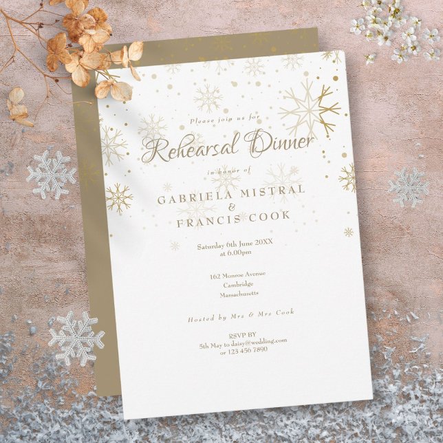 Övningsmiddag med Guldflingor Inbjudningar (Gold Snowflakes Rehearsal Dinner Invitation)