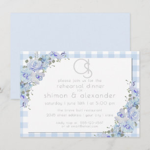 Övningsmiddag Monogram Blue Gingham Blommigt Inbjudningar
