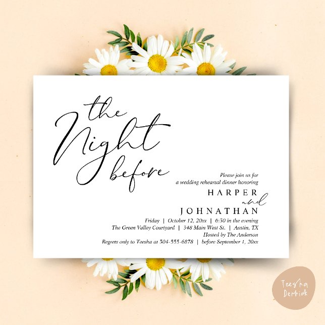 Övningsmiddagen dagen före den romantiska bröllops inbjudningar (The Night Before Romantic Wedding Rehearsal Dinner Modern Invitation Card PDF White Black)