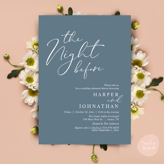 Övningsmiddagen Dagen Innan den Romantiska Bröllop Inbjudningar (The Night Before Romantic Wedding Rehearsal Dinner Modern Invitation Card PDF Dusty Blue)