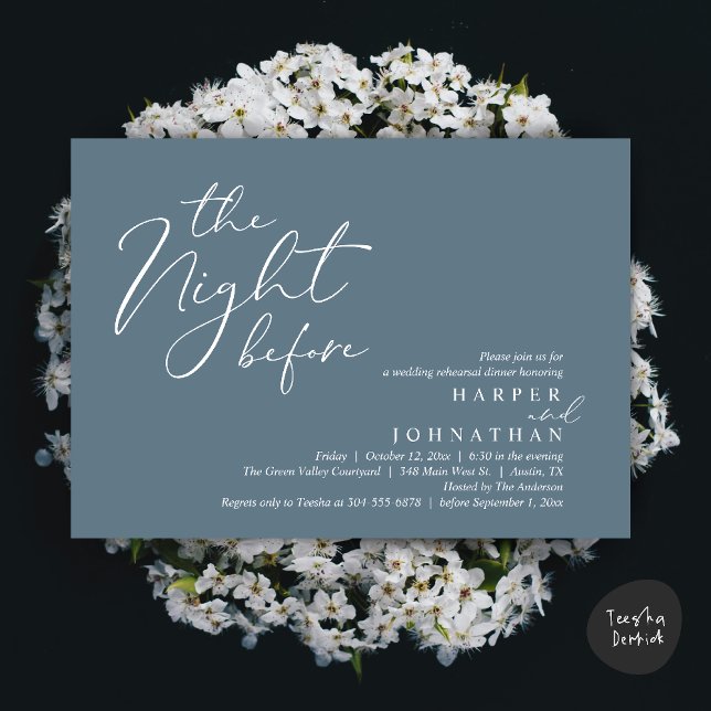 Övningsmiddagen Dagen Innan den Romantiska Bröllop Inbjudningar (The Night Before Romantic Wedding Rehearsal Dinner Modern Invitation Card PDF Dusty Blue)