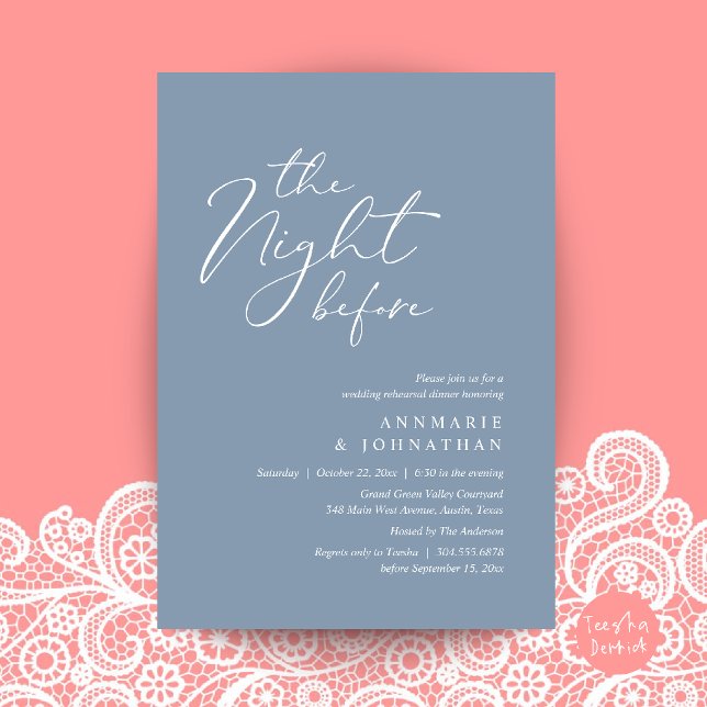 Övningsmiddagen för romantisk bröllopsrepetition k inbjudningar (The Night Before Romantic Wedding Rehearsal Dinner Invitation Card in Dusty Blue)