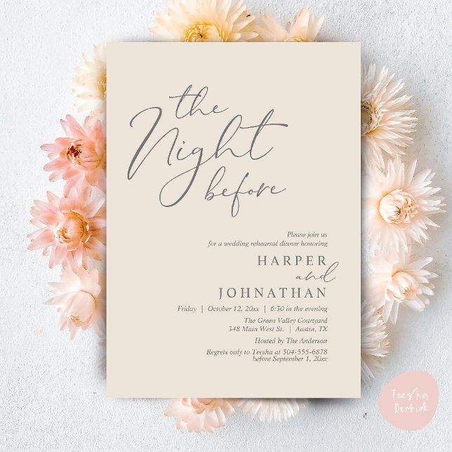 Övningsmiddagen natten före den romantiska bröllop inbjudningar (The Night Before Romantic Wedding Rehearsal Dinner Modern Invitation Card PDF Cream Grey)