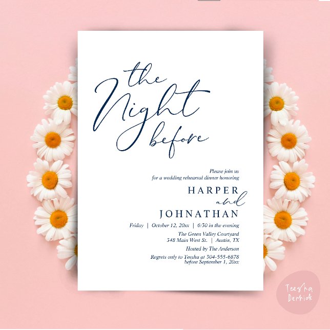 Övningsmiddagen natten före den romantiska bröllop inbjudningar (The Night Before Romantic Wedding Rehearsal Dinner Modern Invitation Card PDF Navy Blue)