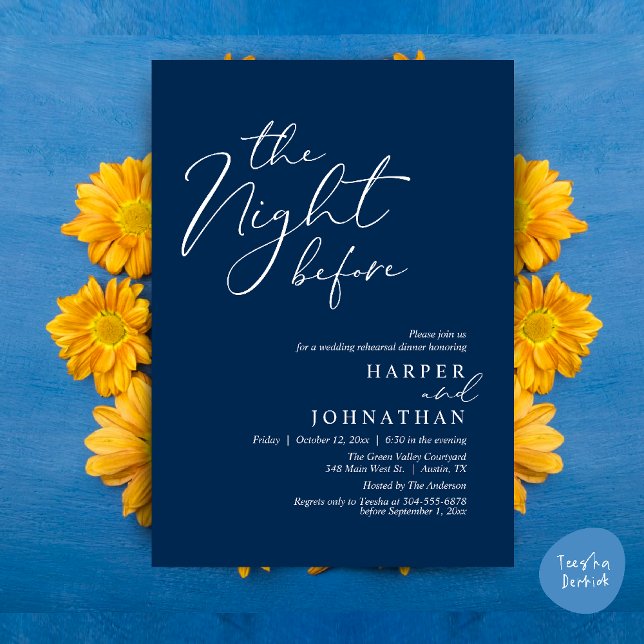 Övningsmiddagen natten före den romantiska bröllop inbjudningar (The Night Before Romantic Wedding Rehearsal Dinner Modern Invitation Card PDF Navy Blue)