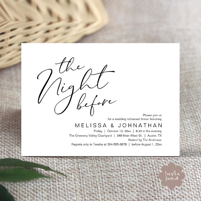 Övningsmiddagen natten före den romantiska bröllop inbjudningar (The Night Before Romantic Modern Wedding Rehearsal Dinner Aesthetic Invites Card PDF Black White)