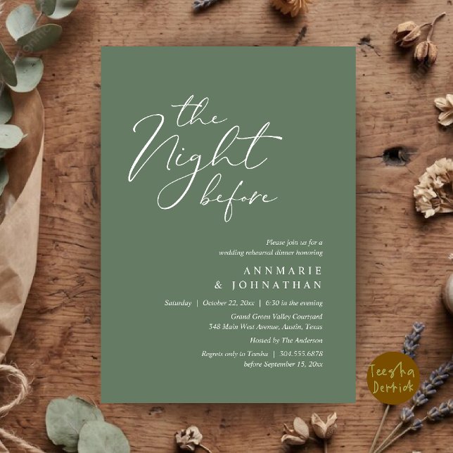 Övningsmiddagen Natten Före Romantisk Bröllopsrepe Inbjudningar (The Night Before Romantic Wedding Rehearsal Dinner Invitation Card in Sage Green)