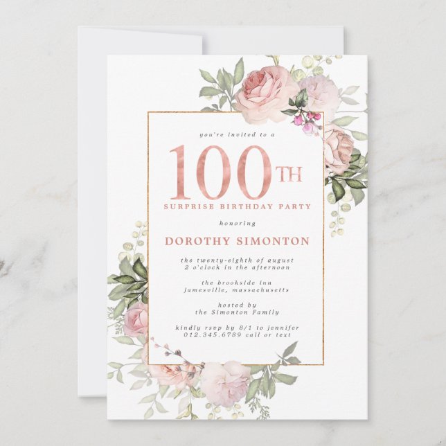 ÖVRIG PARTY Rosa Guld Blommigt 100:e födelsedag Inbjudningar (Framsida)