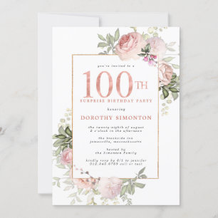 ÖVRIG PARTY Rosa Guld Blommigt 100:e födelsedag Inbjudningar