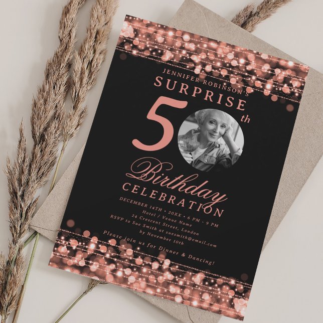 ÖVRIGT Foto 50:e födelsedag Ro Guld Ljus Inbjudningar (SURPRISE Photo 50th Birthday Rose Gold Lights Invitation)