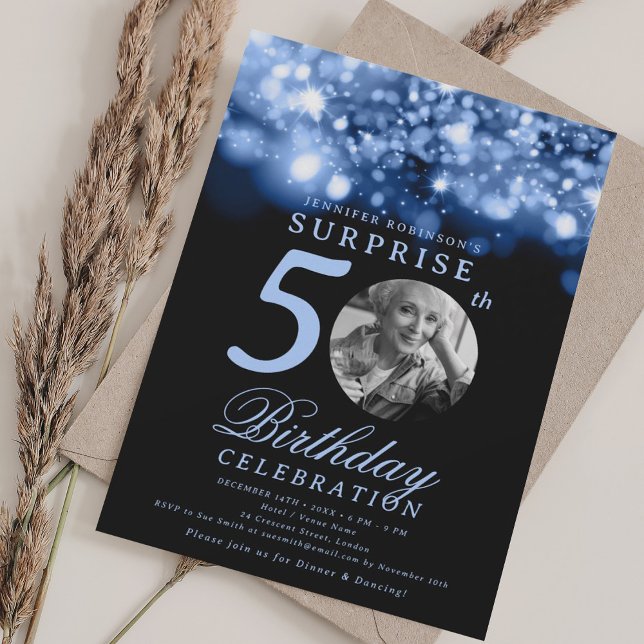 ÖVRIGT Foto 50:e födelsedagsflottan Blue Midnight Inbjudningar (SURPRISE Photo 50th Birthday Navy Blue Midnight Invitation)