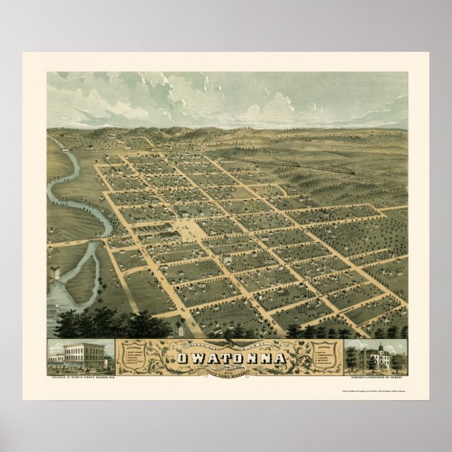 Owatonna, MN Panoramic Karta - 1870 Poster (Framsidan)