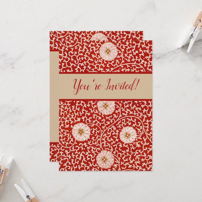 Owen Jones Kinesisk Ornament Röd Vit Blommig Inbjudningar (Fram/Back In Situ)