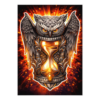 Owl and Hourglass – Hand-Drawn & Digital Art  Fototryck