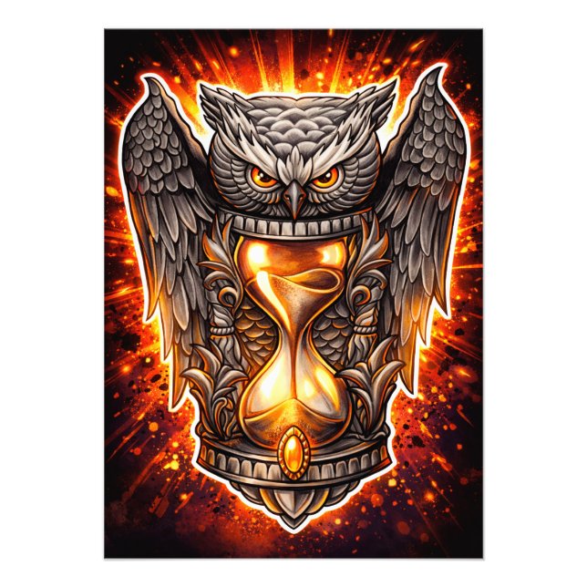 Owl and Hourglass – Hand-Drawn & Digital Art  Fototryck (Framsidan)