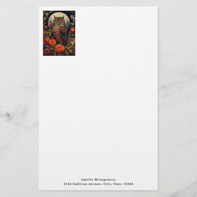 Owl at Night with a Full Moon Brevpapper (Framsida)