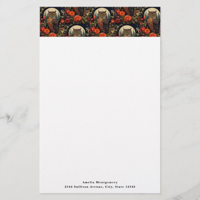 Owl at Night with a Full Moon Pattern Brevpapper (Framsida)