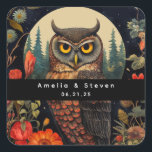 Owl at Night with a Full Moon - Wedding Fyrkantigt Klistermärke<br><div class="desc">Wedding stickers with a cool looking owl with a piercing stare. A full moon in the back with a garden of red flowers.</div>