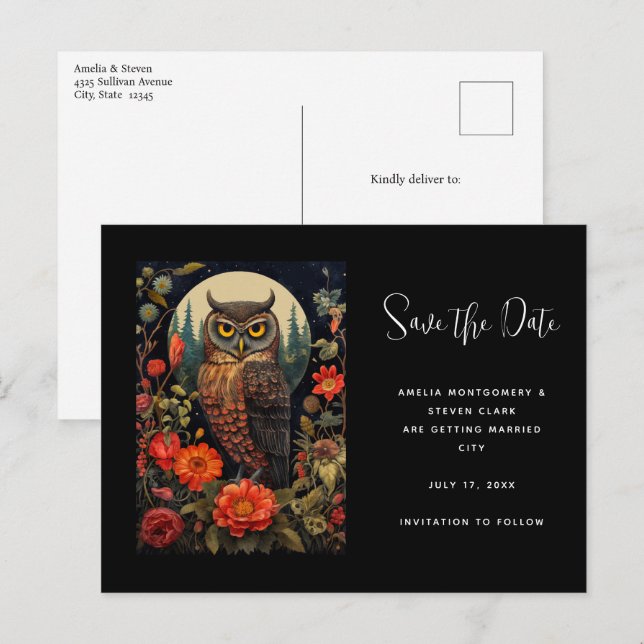 Owl at Night with a Full Moon Wedding Meddelande Vykort (Fram/baksida)
