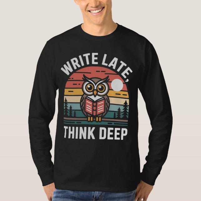  Owl Book Moon Vintage Sunset T Shirt (Framsida)