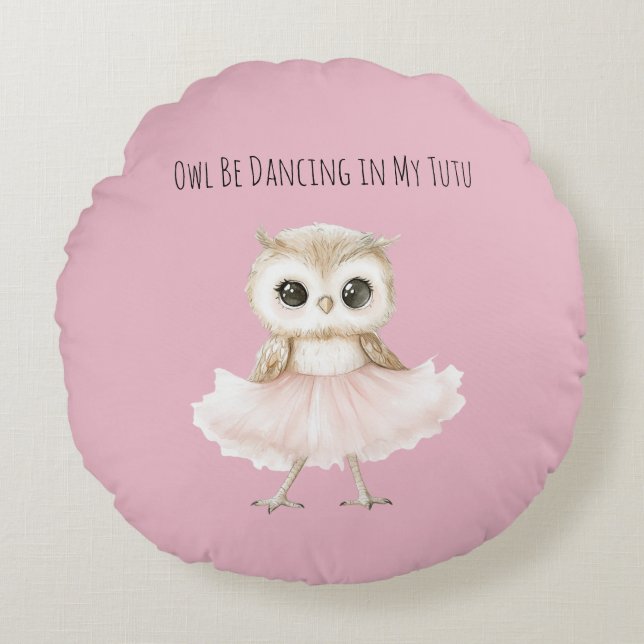 Owl Dancing Pink Tutu Ballerina Rund Kudde (Framsidan)