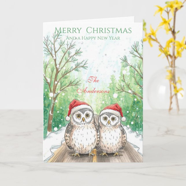  Owl Family Christmas Card – Green Woodland Owls Kort (Gul blomma)