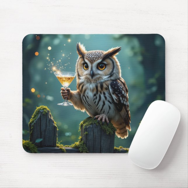 Owl Holding a Cocktail In a Mystical Forest Musmatta (Med mus)