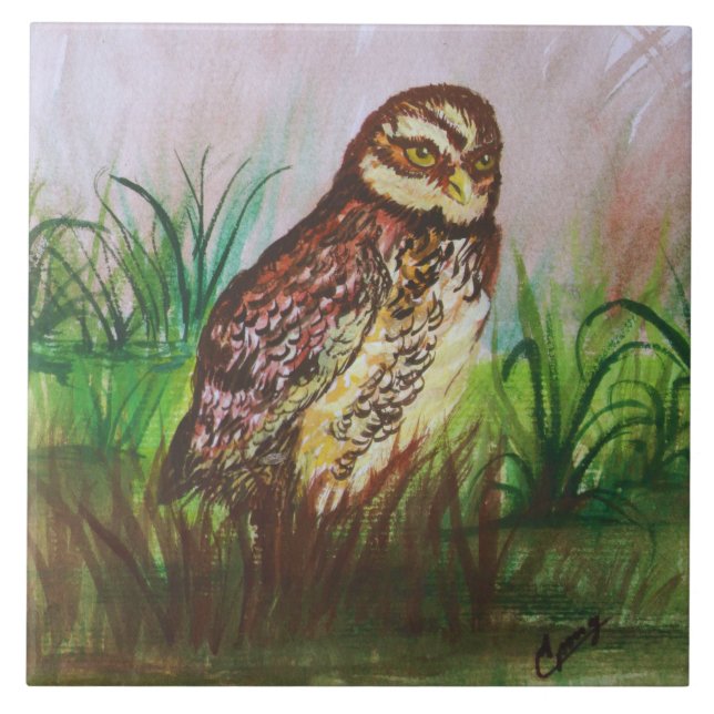 Owl in nature watercolor art kakelplatta (Framsidan)