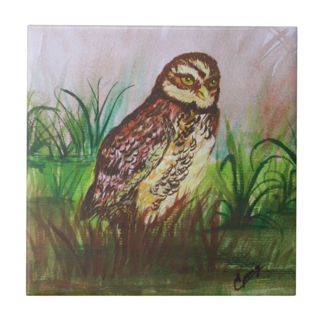 Owl in nature watercolor art kakelplatta (Framsidan)