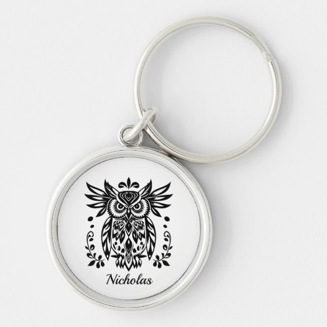 Owl Lovers Rustic Woodlands Black White Bohemian  Rund Silverfärgad Nyckelring (Framsidan)