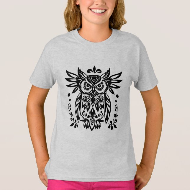 Owl Lovers Rustic Woodlands Black White Bohemian  T Shirt (Framsida)
