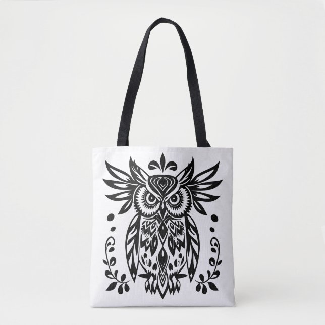 Owl Lovers Rustic Woodlands Black White Bohemian Tygkasse (Framsida)