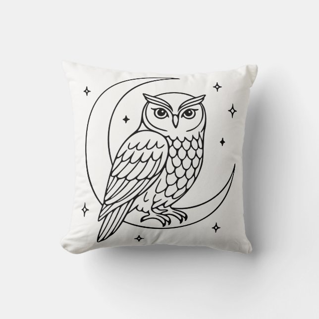  Owl on Crescent Moon with Stars Line Art Kudde (Framsida)