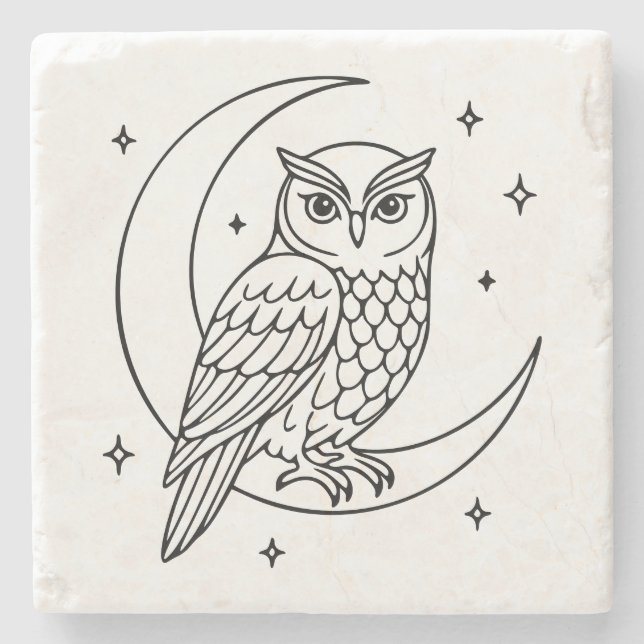  Owl on Crescent Moon with Stars Line Art Stenunderlägg (Framsidan)