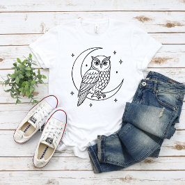 Owl on Crescent Moon with Stars Line Art T Shirt