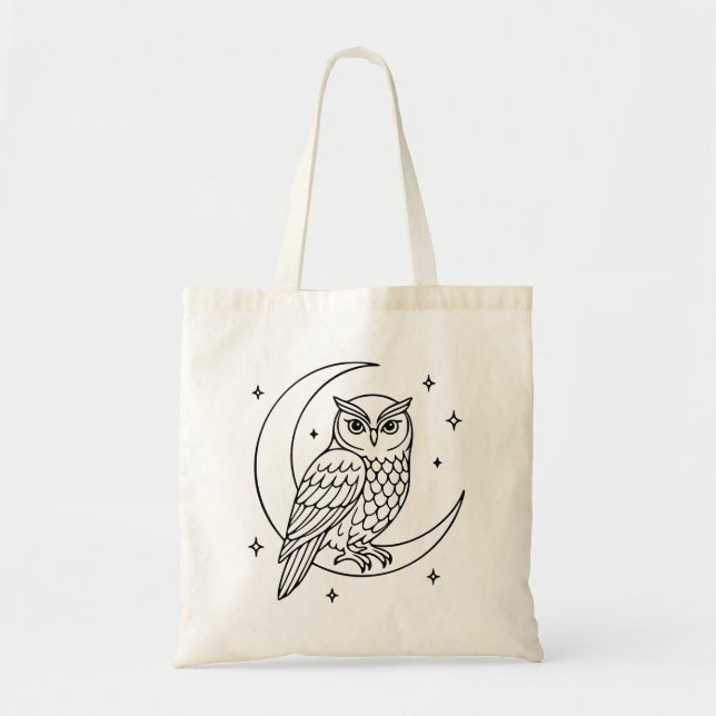  Owl on Crescent Moon with Stars Line Art Tygkasse (Framsidan)