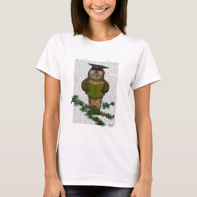 Owl Reading On Branch Tee Shirt (Framsida)