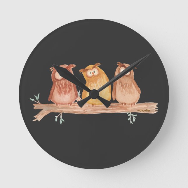 Owl Trio Rund Klocka (Framsida)