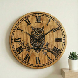 Owl Wall Clock - Wooden Style Design Stor Klocka
