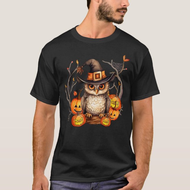 Owl Witch Hat Pumpkin Spooky Halloween Kids Men Wo T Shirt (Framsida)