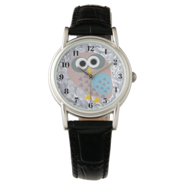 Owl with watercolor grey armbandsur (Framsida)