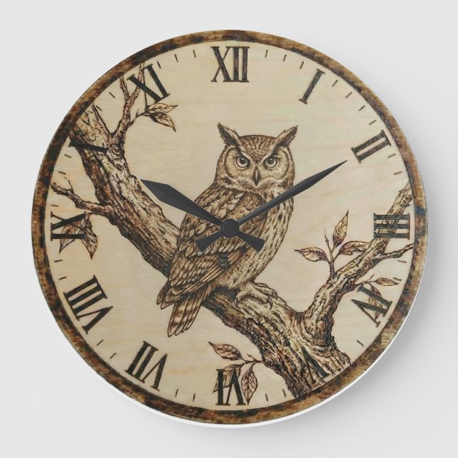 Owl Wooden Wall Clock Stor Klocka (Framsida)