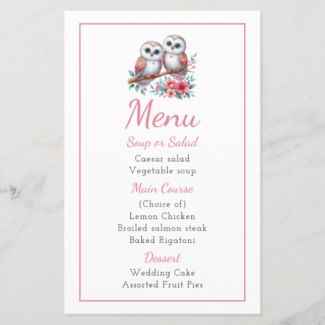 Owl Woodland Boho Rustic Country Wedding Menu (Framsida)
