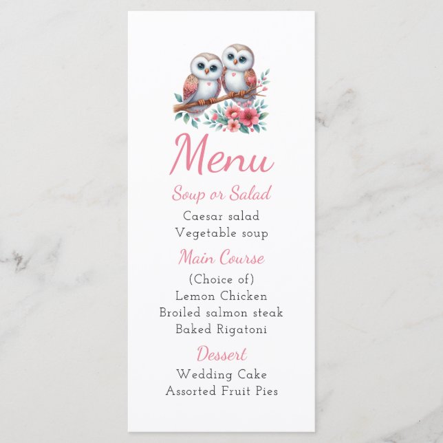 Owl Woodland Boho Rustic Country Wedding Menu Meny (Framsida)