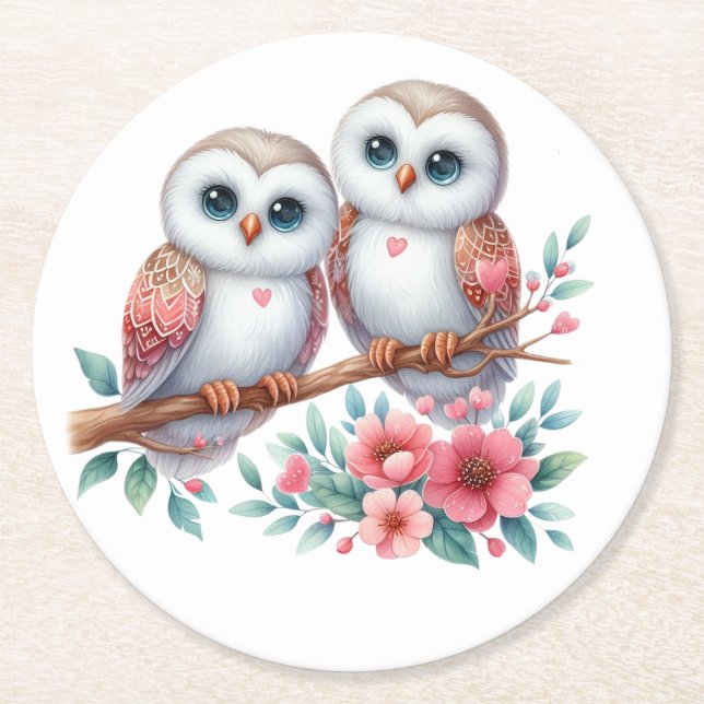 Owl Woodland Boho Rustic Country Wedding Underlägg Papper Rund (Framsidan)