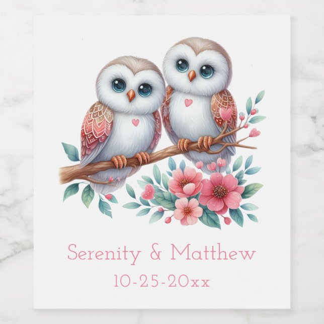 Owl Woodland Boho Rustic Country Wedding Vinflaska Etikett (Singel etikett)