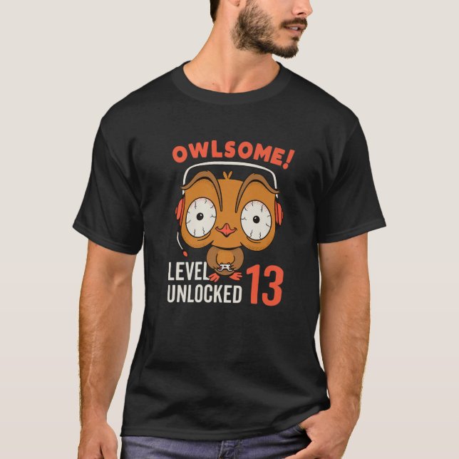 Owlsome Owl Gaming Level 13 Unlocked 13Th Birthday T Shirt (Framsida)